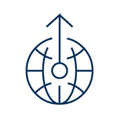 Blue illustration outline of a globe with an upward arrow at the top