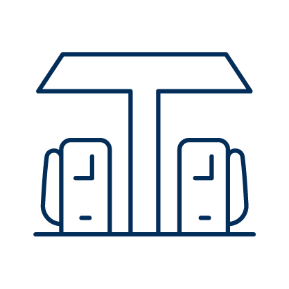 Blue illustration outline of an EV charging station with 'pumps' and a central overhang