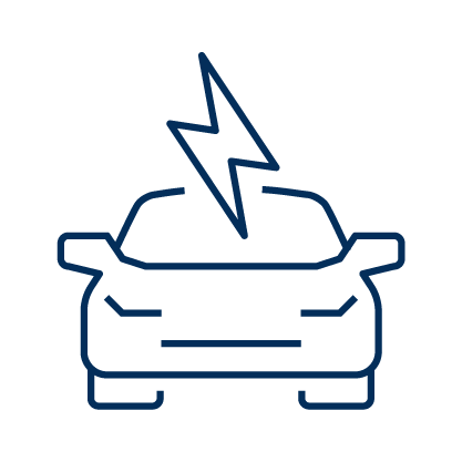 Blue illustration outline of a car from the front point of view, with a lightning bolt at the top